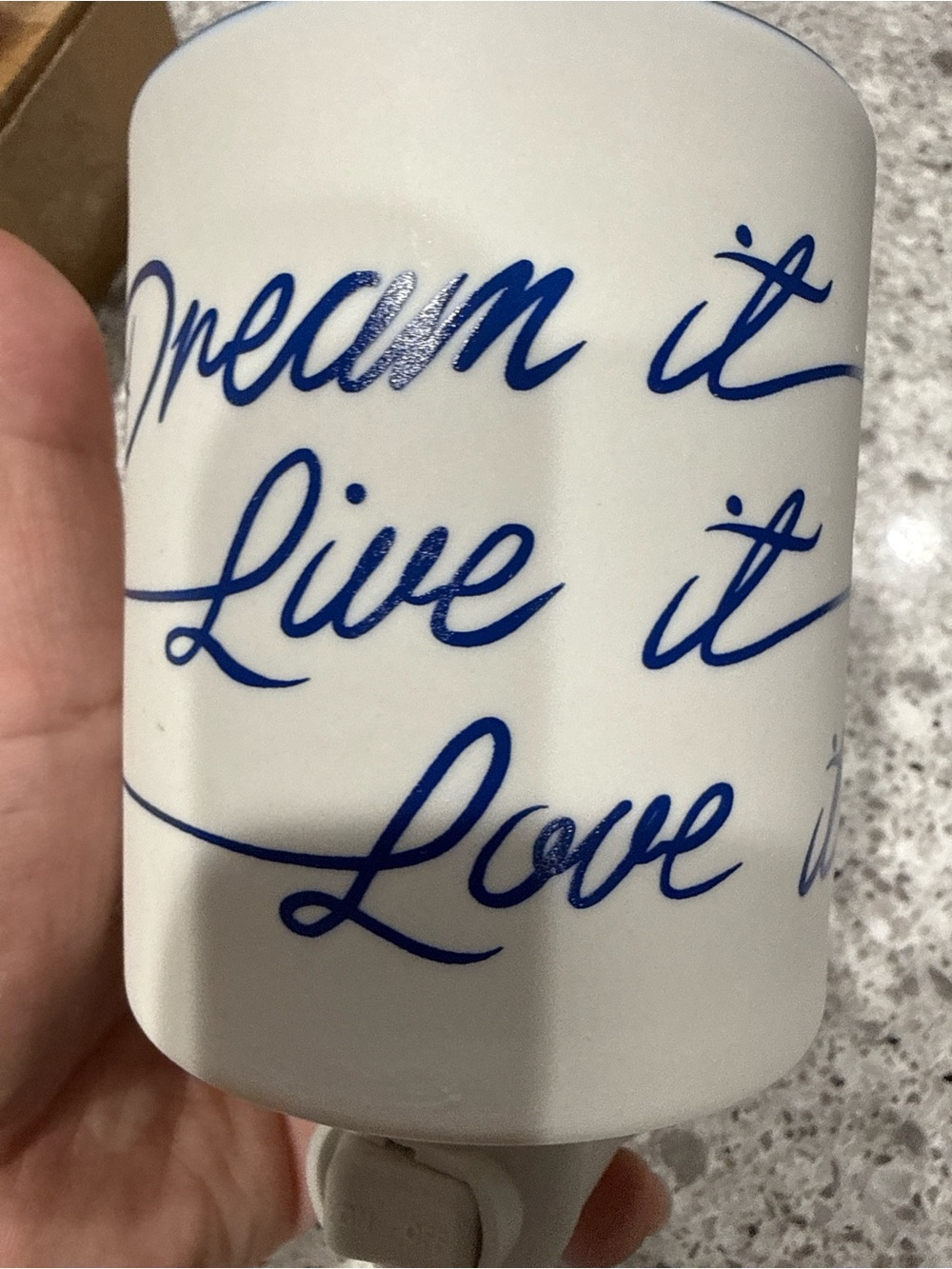 Scentsy White Ceramic Plug-In with Blue Script Inspirational Design